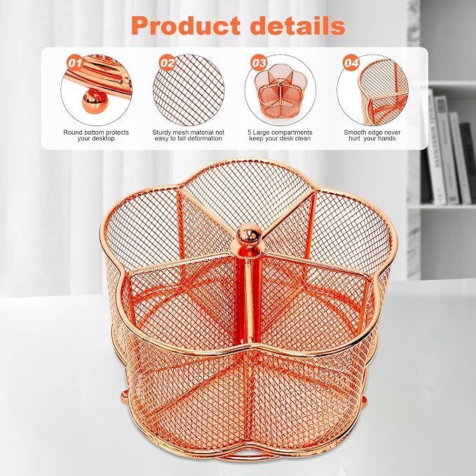 360 Degree Rotate Pen Holder for Desk Mesh Desk Pen Organizer Pencil Holder Large Capacity Accessories & Workspace Organizers for School,Home (Rose Gold, No hook)