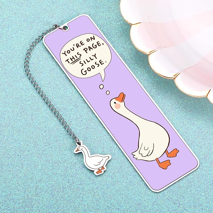 Cute Book Marks for Reading Women Girls Readers Teen Girl Gifts Trendy Stuff Cute Bookmarks Purple Stuff Book Lovers Gifts for Women Readers Reading Tracking Accessories 2-Side Silly Bookmark Goose