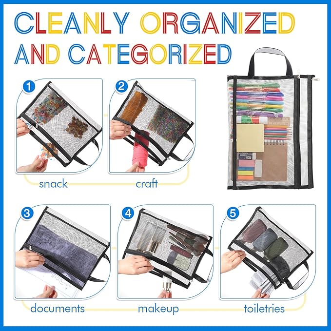 12 Pcs A4 Mesh Zipper Pouch Bags with Handles Black and Gray Double Layer Nylon Document Organizer Pouch for School Office Portable Games Toy Storage Bags for Building Blocks