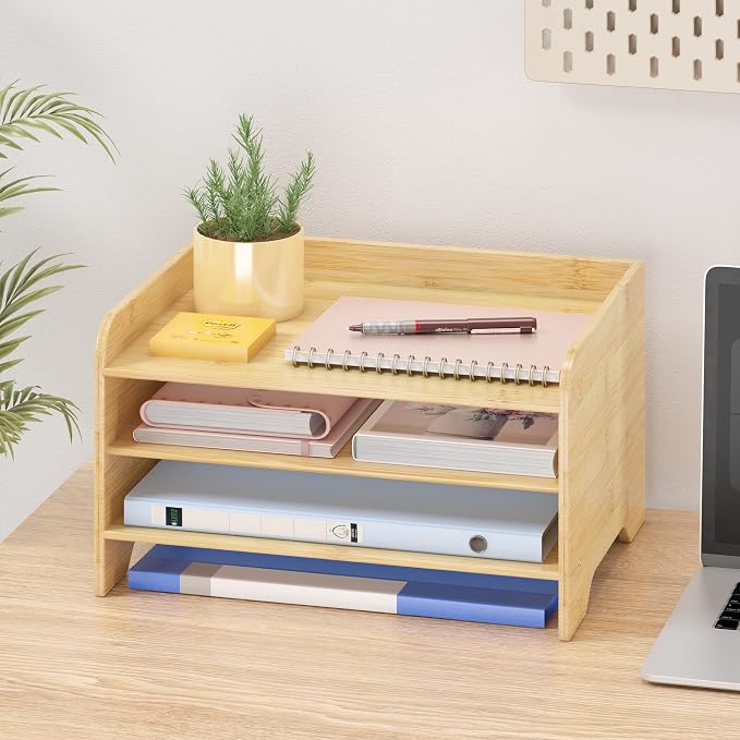 Bamboo Desk Organizer Mail Holder Countertop Letter Tray File Organizer for Desk Letter Sorter Paper File Storage for School Home Office Supplies