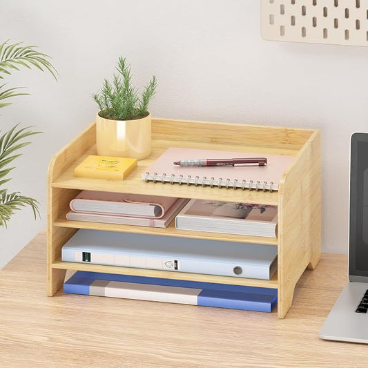 Bamboo Desk Organizer Mail Holder Countertop Letter Tray File Organizer for Desk Letter Sorter Paper File Storage for School Home Office Supplies