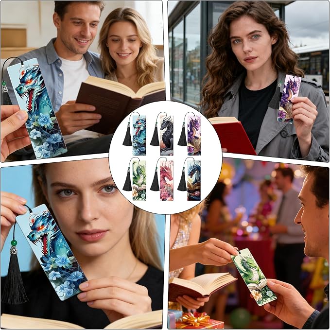 Dragon Acrylic Bookmarks Gifts - 6 Pcs Fantasy Bookmarks with Tassels Cool Romantasy Book Marks Page Marker Clip Gift for Men Women Book Lover Teacher Student Bookish Bookworms Reading