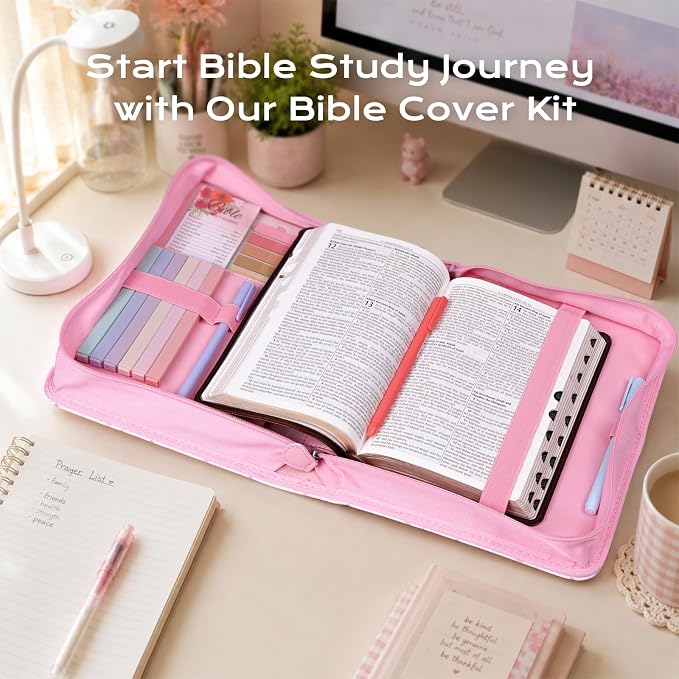 XKDOUS Bible Cover Case for Women Leather Quilted Bible Bag Organizer Large Book Carrying Case with Handle, Pens, Tabs, Study Supplies Journaling Kit Christian Gifts for Mom, Lady