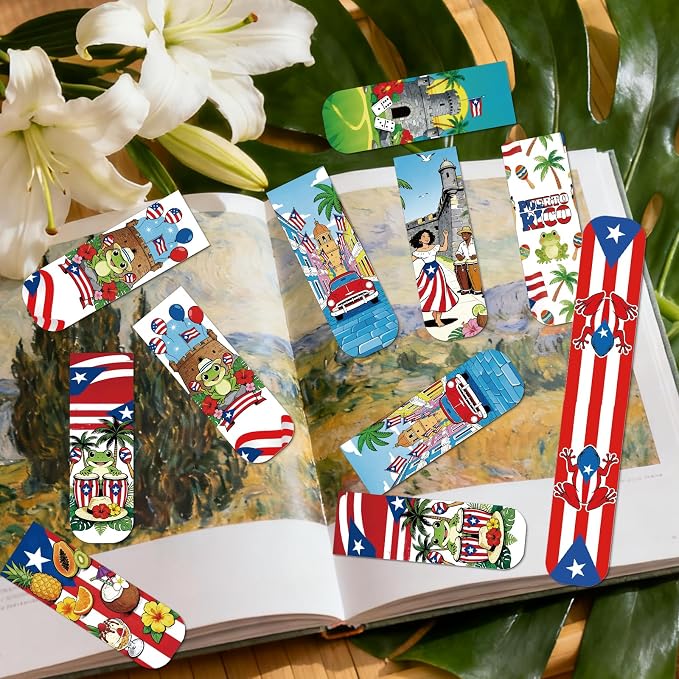 Wxiben Puerto Rico Magnetic Bookmarks - 48 Pcs Puerto Rican Travel Souvenirs Gifts Bookmark Flags Flower Frog Magnets Book Marks Page Clip Favors for Patriotic Latin American Spanish Party Supplies