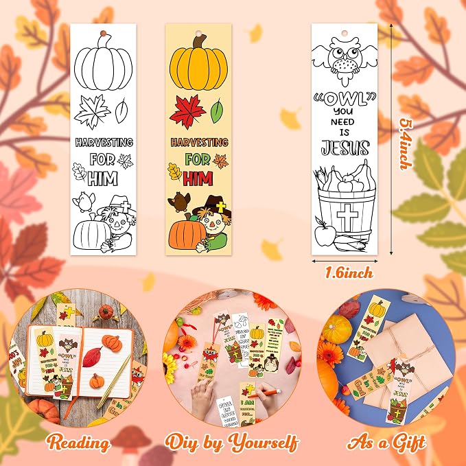 Fall Color Your Own Bookmarks for Kids - 120Pcs Religious Theme DIY Coloring Blank Bookmark Christian Classroom Art Craft Supplies for Teachers Students Gift Party Sunday School Reward Goodie Fillers