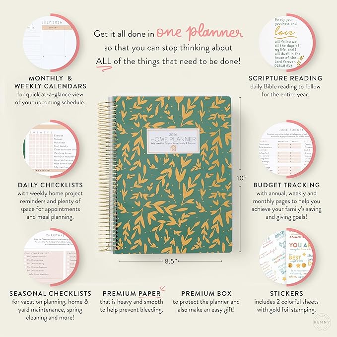 PPP Home Planner 2026 | 12-Month Weekly Calendar (Sunday Start) | Monthly Review & Seasonal Checklists | Budgeting & Savings Worksheets | Daily Bible Reading Plan | Checklists for Routines and Goals