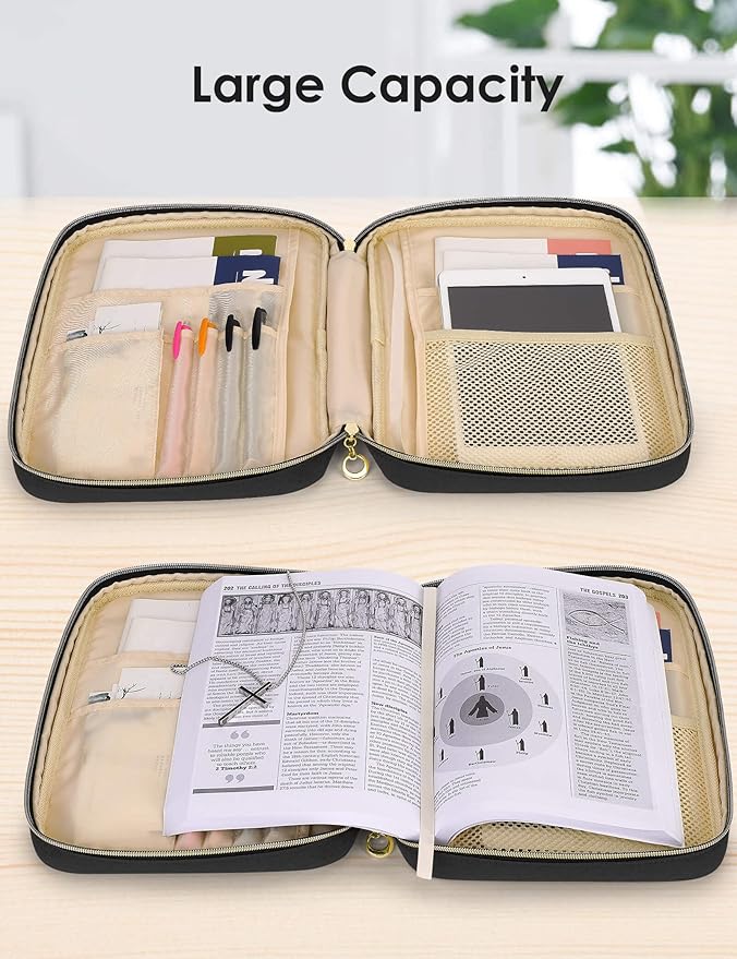 heouvo Bible Cover Case for Women, Bible Study Supplies, Bible Journaling Kit, 6 No Bleed Bible Highlighters and Pens, 75 Bible Tabs, Large Size Zippered Bible Bags (Black)