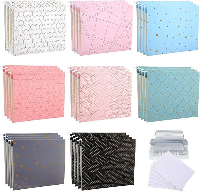 Estune 32 Pcs Geometry Decorative Hanging File Folders Letter Size Cabinet File Folders Organizers with 1/5 Cut Adjustable Tabs for Office Desk School Filing Cabinet Home