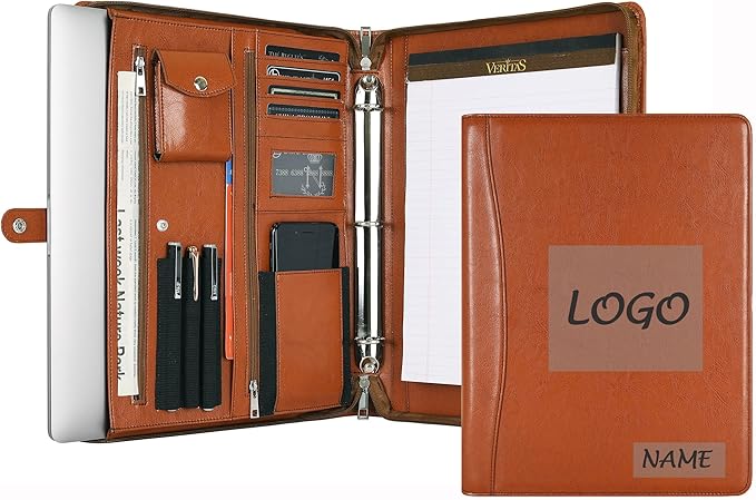 Brown Leather Padfolio for Women/Men, Business Leather Binder 3 Ring Portfolio, Personalized Leather Portfolio Binder, Zippered Portfolio Organizer for A4 Notepad & 13-inch Laptop/Tablet