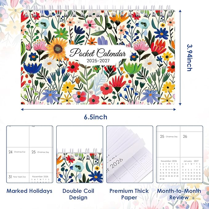 Phyxin Pocket Calendar 2026, Pocket Calendar - Runs from September 2025 Until December 2027, 2026-2027 Monthly Planner-4.2" x 6.5", Pocket Planner 2026 with Coil for School Office Supplies, Flowers