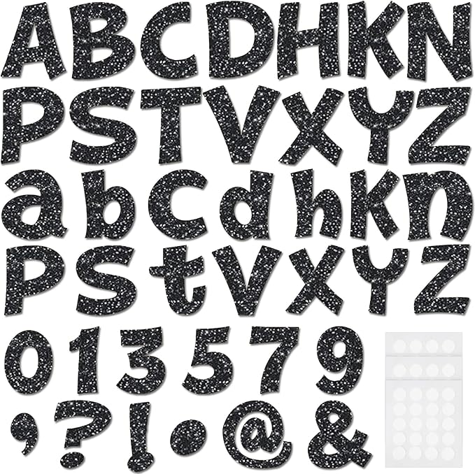 Colarr 216 Pcs Black Glitter Bulletin Board Letters for Classroom Number Alphabet Punctuation Symbol Cutout 4'' Die-Cut Poster Letter with Adhesive Dot School Party Graduation Decor Display