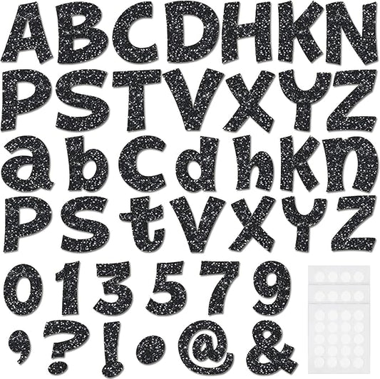 Colarr 216 Pcs Black Glitter Bulletin Board Letters for Classroom Number Alphabet Punctuation Symbol Cutout 4'' Die-Cut Poster Letter with Adhesive Dot School Party Graduation Decor Display