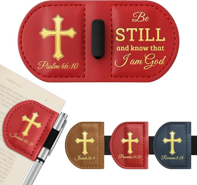 Personalized Magnetic Leather Bookmark with Pen Holder - Bygone Mark Custom Bible Verse Bookmarks,Book Marker for Men & Women,Book Lovers,Readers,Church(Red,Psalm 46:10)