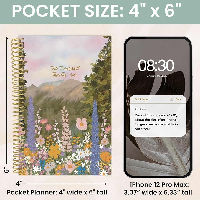 bloom daily planners 2026 Pocket Planner - 4” x 6” - (January 2026 - December 2026) - MINI Weekly/Monthly Agenda Organizer & Calendar Book - Wildflower Mountainside