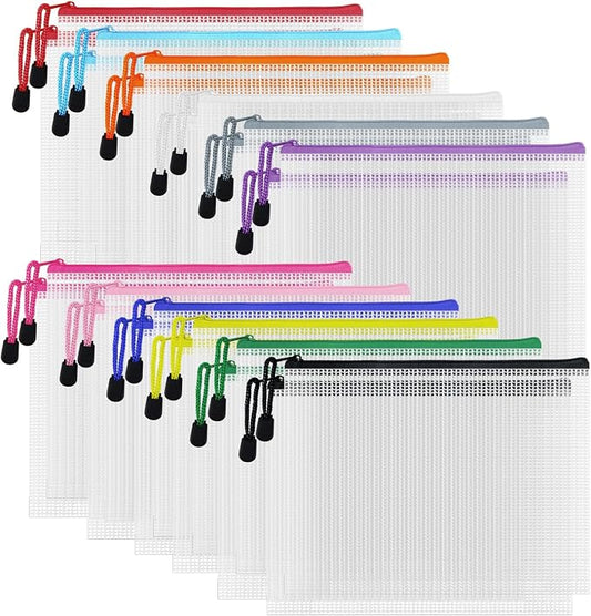 D-KINGCHY 24Pcs Zipper Storage Bags, Plastic Mesh Zippered Pouch for Organization, Waterproof Versatile Bags for Office Supplies School Travel (A5 Size 9.2''x6.7'', Assorted Color Zipper)