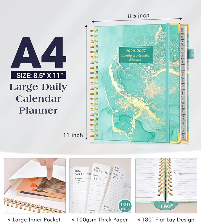 Planner 2026-2027, 18 Months Weekly and Monthly Hardcover Planner, January 2026 - June 2027, 8.5" x 11" A4 Large Daily Calendar Planner Book with Tabs, Spiral Yearly Agenda Organizer Notebook for School Work Home, Teal Marble