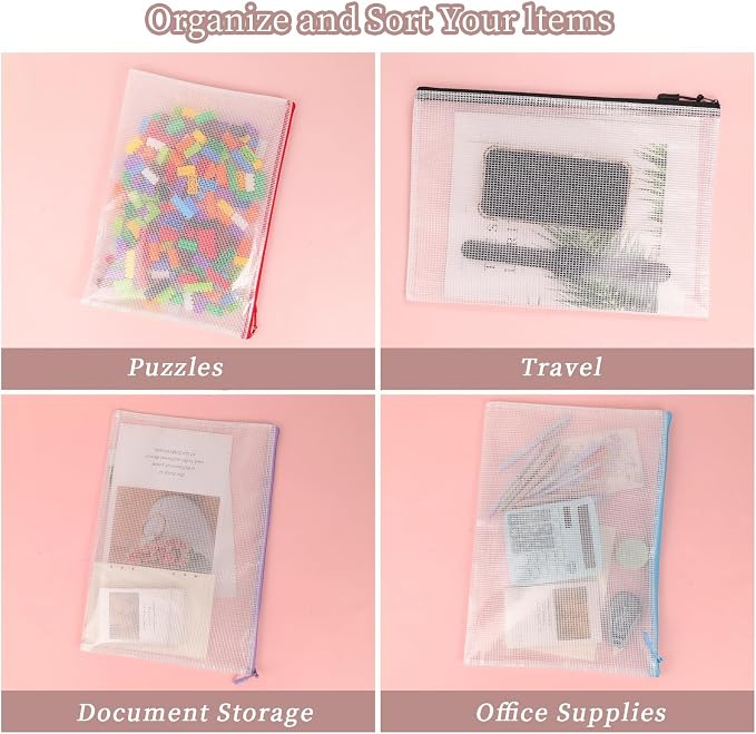 MultiBey 10 Pack 10 Colors Mesh Zipper Pouch Bags, A3-16.5 x 11.4 Inch Extra Large Mesh Document Bags Waterproof Zipper File Pouch Pouch for Office Supples, Puzzles & Games Organizing Storage