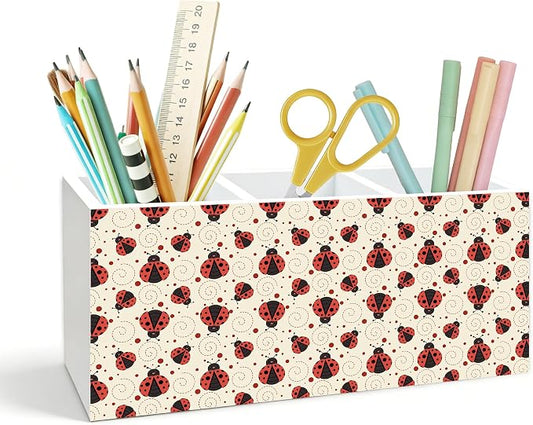 Cute Ladybug Pen Holder for Desk, Ladybug Lover Gifts, Red Lady Bug Decor Wooden Box Pencil Pen Holder Organizer for Home Office Desk Accessories