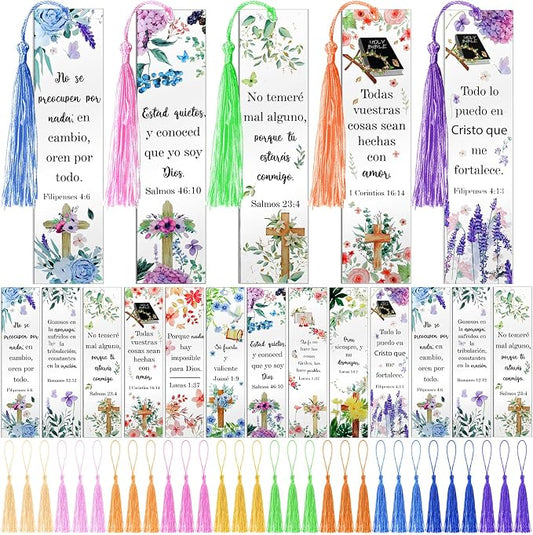 30 Pcs Spanish Bible Verse Acrylic Bookmarks - Inspirational Bulk Bookmarks with Tassel for Back to School, Christian Religious Gifts for Students Teachers Classroom, School Office Study Supplies