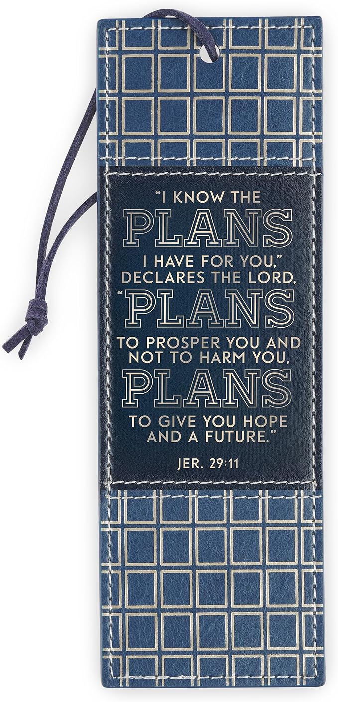 Christian Art Gifts Premium Vegan Leather Encouraging Scripture Bookmark for Graduates: I Know the Plans Inspriational Scripture, Sturdy Cord, Durable Book Reading Accessory, Navy Blue & Gold Plaid