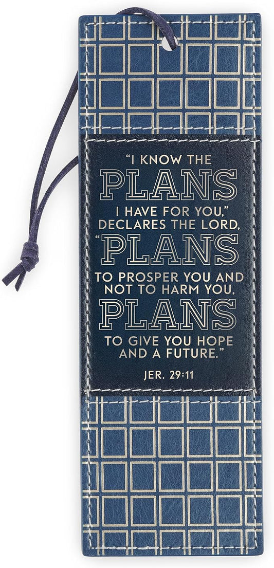 Christian Art Gifts Premium Vegan Leather Encouraging Scripture Bookmark for Graduates: I Know the Plans Inspriational Scripture, Sturdy Cord, Durable Book Reading Accessory, Navy Blue & Gold Plaid