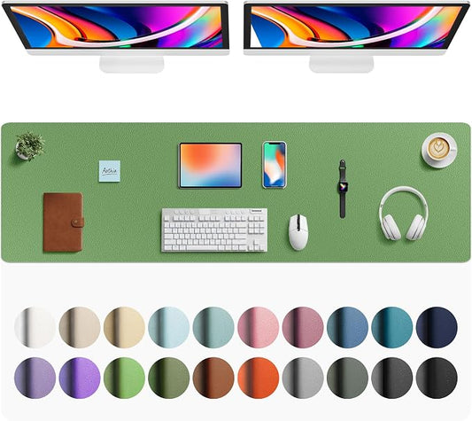 Aothia Faux Leather Desk Mat - Large Mouse Pad, Non-Slip PU Leather Blotter, Waterproof Writing Surface for Office and Home (Olive Green, 63" x 17")