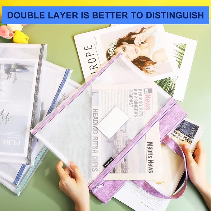 Zhehao 6 Pcs Student Book Pouches with Handle Document Bag Sew Project Bag for Quilting Mesh Zipper Pouch File Artwork Storage Organize for A4 Files, 14 x 11 Inch