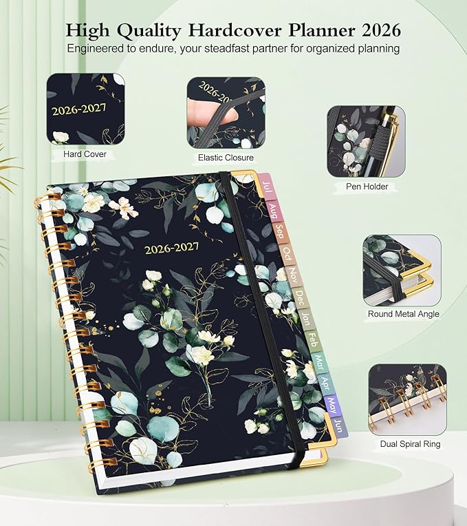 Academic Planner 2026-2027, Hardcover Weekly and Monthly Calendar Planner from July 2026 - June 2027, Daily Agenda Planners with Tabs, College School Organizer for Student Teacher, A5 (6.1" x 8.2"), Green Eucalyptus