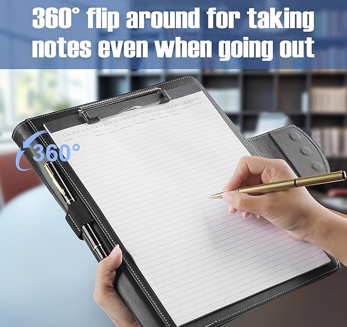 Clipboard Folder Portfolio,DIN A4 PU Leather Padfolio Clip Board,Magnetic Closure Business Clipboard with Cover Professional with 2 Pen,A4 Paper for Interview Resume Office Conference,Black