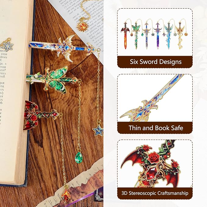 6Pcs Fantasy Sword Metal Bookmarks Set, Cool Wing Bookmark, Fantasy Bookmark Gifts for Book Lover, Reading Accessories for Books Journals Planners, 1.57 x 4.33in