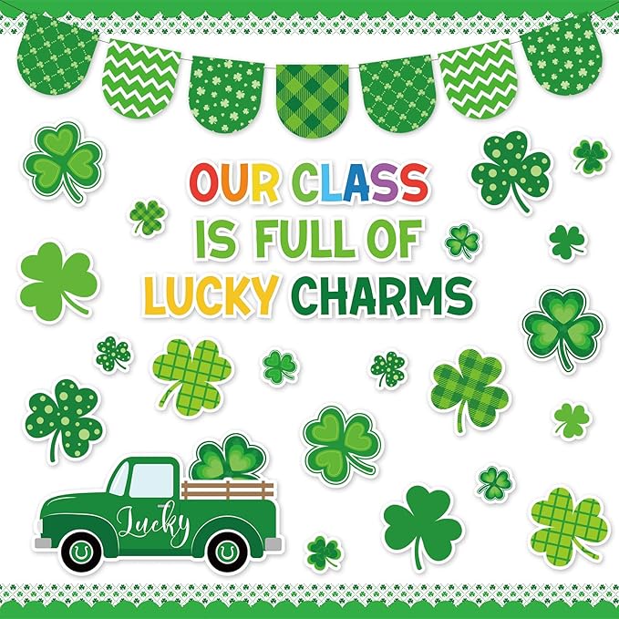 JarThenaAMCS St. Patrick' s Day Bulletin Board Classroom Decorations Set Our Class is Full of Lucky Charms Shamrock Irish Clover Truck Paper Cutouts for School Classroom Chalkboard Wall Decor Supplies
