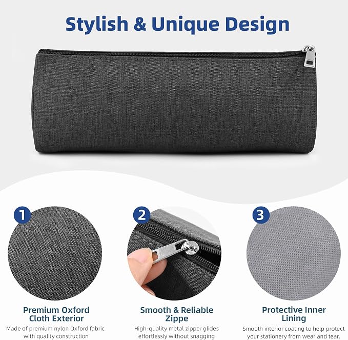 Grey Large Capacity Pen Bag Portable Stationery Pouch Premium Nylon Oxford Cloth Zipper Organizer for Office Business Travel