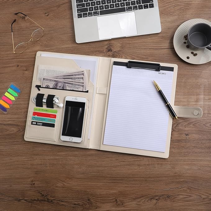 12.8 * 9.6 inch Portfolio Case Business Padfolio, Smart Phone is Usable in Document Organizer, Conference File Folder with A4/Letter Size Clipboard and Notepad - Beige