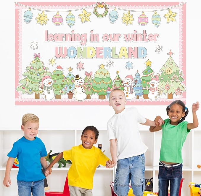 Christmas Bulletin Board Pastel Xmas Tree Paper Cutouts Winter Wonderland Bulletin Board Decorations for School Classroom Home Chalkboard Wall Door Decor Christmas Winter Holiday Party Supplies