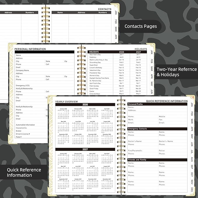2026 Planner, Jan.2026 - Dec.2026 Planner Weekly and Monthly 6.25"x8.5" with Page Tabs, Calendar Hardcover with Inner Pocket, Elastic Band,Twin-Wire Binding,Bookmark, Black Leopard
