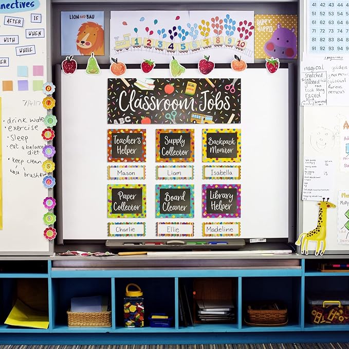 67-Piece Bright Classroom Job Chart Set with Name Tags for Bulletin Board, Chalkboard Decorations, Teacher Supplies, Classroom Teaching Tool, Kids Education (16 Assorted Signs)
