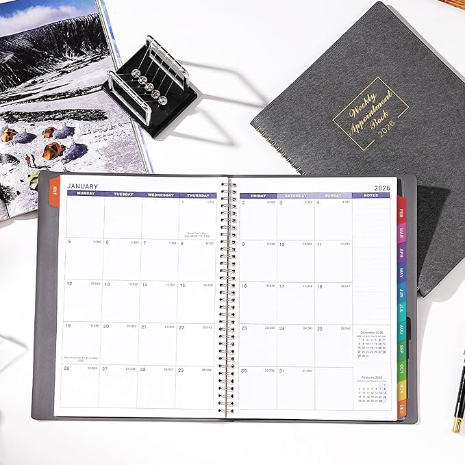 2026 Weekly Appointment Book - Daily Hourly Planner 2026, January 2026 - December 2026, 8.5" x 11", 15-Minute Interval, 12 Monthly Tabs, Flexible Soft Cover - Grey