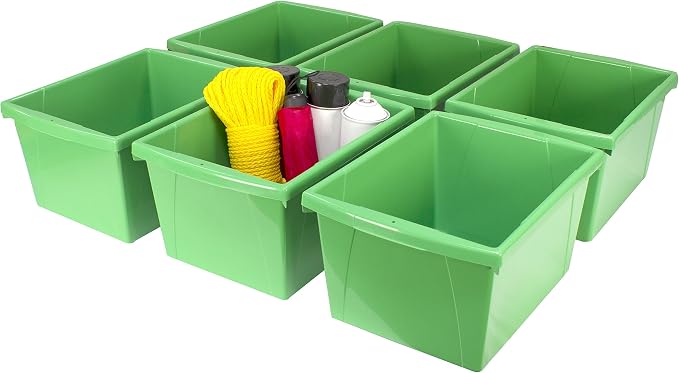 Storex 4 Gallon Storage Bin – Plastic Classroom Organizer for Books and Supplies, Green, 6-Pack (61480C06C)