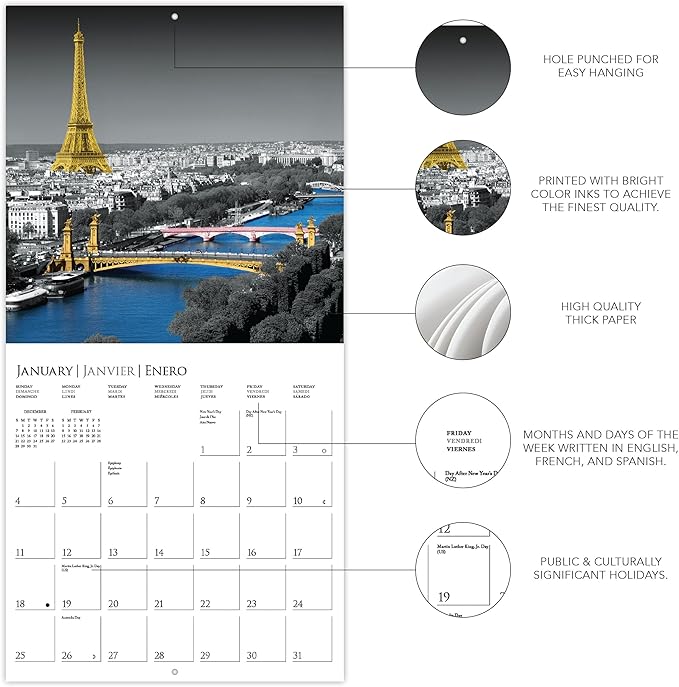 Graphique 2026 Paris Glitz Mini Wall Calendar | 7” x 7” | Thick Paper | Home & Office Organizer | Large Monthly Grid | 3 Languages & Marked Holidays | 4 Month Preview Page for 2027