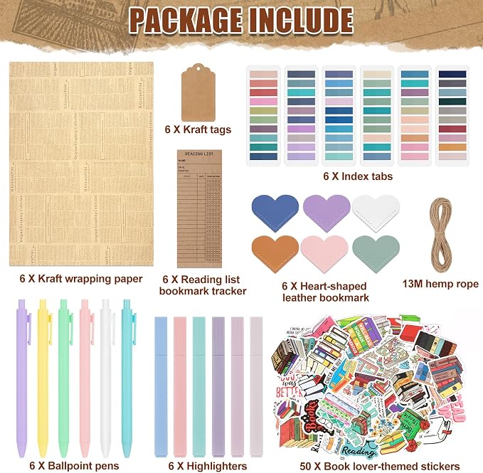 6 Set Blind Date with a Book Supplies, DIY Book Lovers Gifts Including Kraft Paper Index Tabs Reading List Bookmark Heart-Shape Bookmark Kraft Tags Ballpoint Pens Highlighters and 50 x Book Stickers
