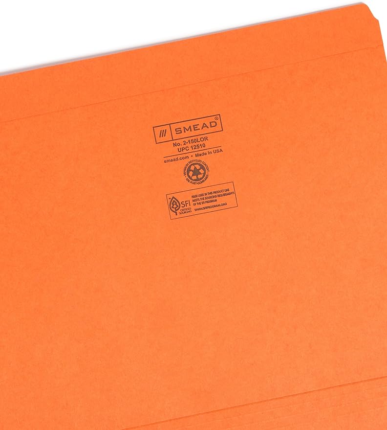 Smead File Folder, Reinforced Straight-Cut Tab, Letter Size, Orange, 100 per Box (12510)
