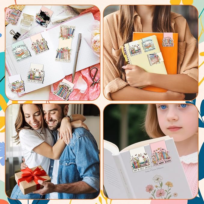 Book Lovers Magnetic Bookmark Gifts - Cosmisun 16 Pcs Reading Bookmarks for Women Cute Funny Book Mark Magnetic Cat Flower Book Mark Bookmark Page Markers Clip for Women Reading Students Teachers