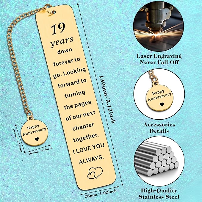 19 Years 19th Anniversary Bronze Gifts for Him Her Men Women Couple 19th Bronze Anniversary Wedding Gifts for Her Wife Girlfriend Husband Aniversario Gold Bookmark Christmas Valentine Gift for Women