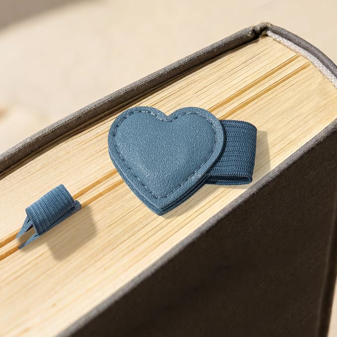 2Pcs Magnetic Leather Heart Bookmarks with Pen Holder, Cute Book Markers Clip with Gift Box, Reading Accessories for Book Lovers Women Teachers Students, Blue