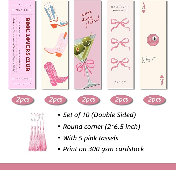 10 Pcs Cute Bookmarks for Women, Double Sided Book Marks for Reading Women, Funny Paper Book Markers Set, Pretty Gifts for Book Lovers, Club, Adults, Girls (Pink)