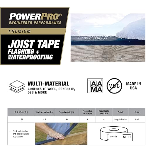 Power Pro Premium Exterior Deck Joist Flashing Tape for Decking, 2" x 50', All-Weather and Waterproof for Deck Protection, 1 Roll