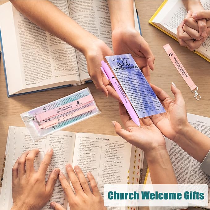 Sinload 25 Set Christian Gift Bulk Bible Emergency Numbers Bookmark with Silicone Keychains Scripture Quote Pen Religious Study Supplies for Father Day Church Bible Study Group (Watercolor)