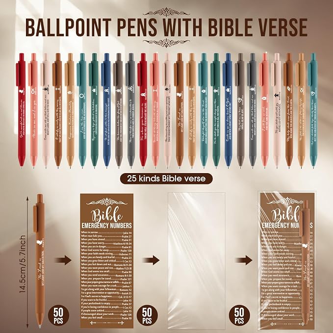Feifeiya 50 Sets Christian Fathers Day Gifts Bulk Religious Pens Bible Verse Emergency Numbers Bookmark Scripture Catholic Gift for Women Men Church Welcome Sunday School(Christmas Color,English)