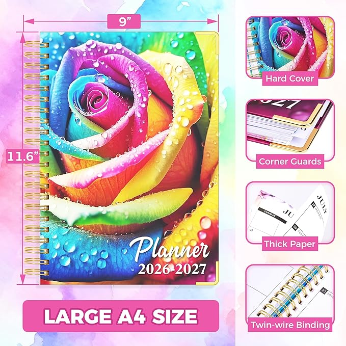 Planner 2026-2027, 18 Month Weekly and Monthly Planner, Jan. 2026 - Jun. 2027, 9" x 11.6" A4 Large Hardcover Calendar Planner with Page Tabs, Separator Page, Inner Pocket, Bookmark, Stickers, Sticky Note Set
