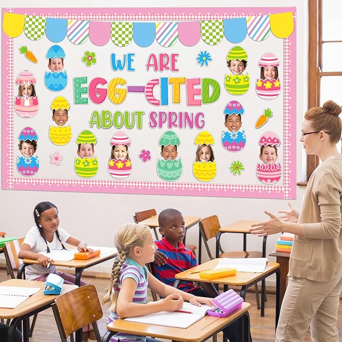 Easter Bulletin Board Decoration Set Easter Egg DIY Photo Craft Cutouts We are Egg-Cited About Spring Classroom Decoration for Teacher School Office Home Chalkboard Wall Decor Spring Party Supplies